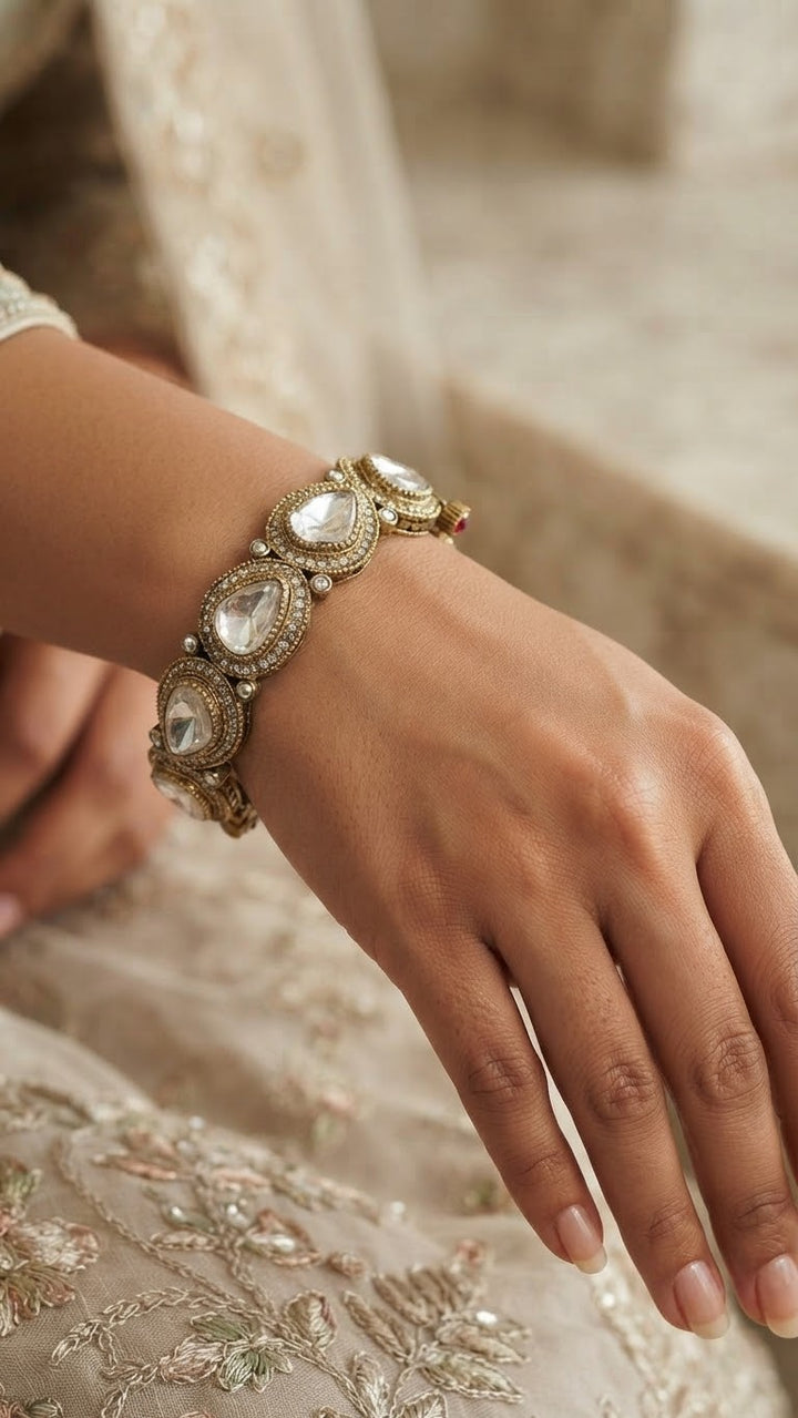 Antique Gold Finish Polki Kundan Bracelet|Vivinia by Vidhi Mehra
