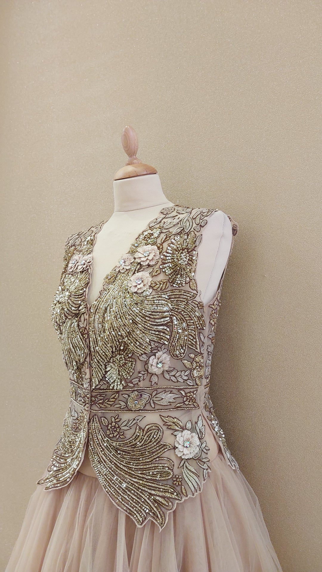 Champagne Gold Embroidered Peplum & Tiered Net Skirt Set|VARUN BAHL