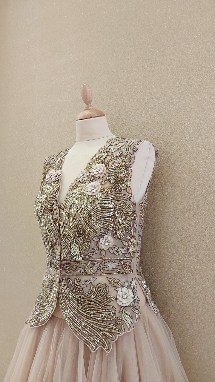 Champagne Gold Embroidered Peplum & Tiered Net Skirt Set|VARUN BAHL