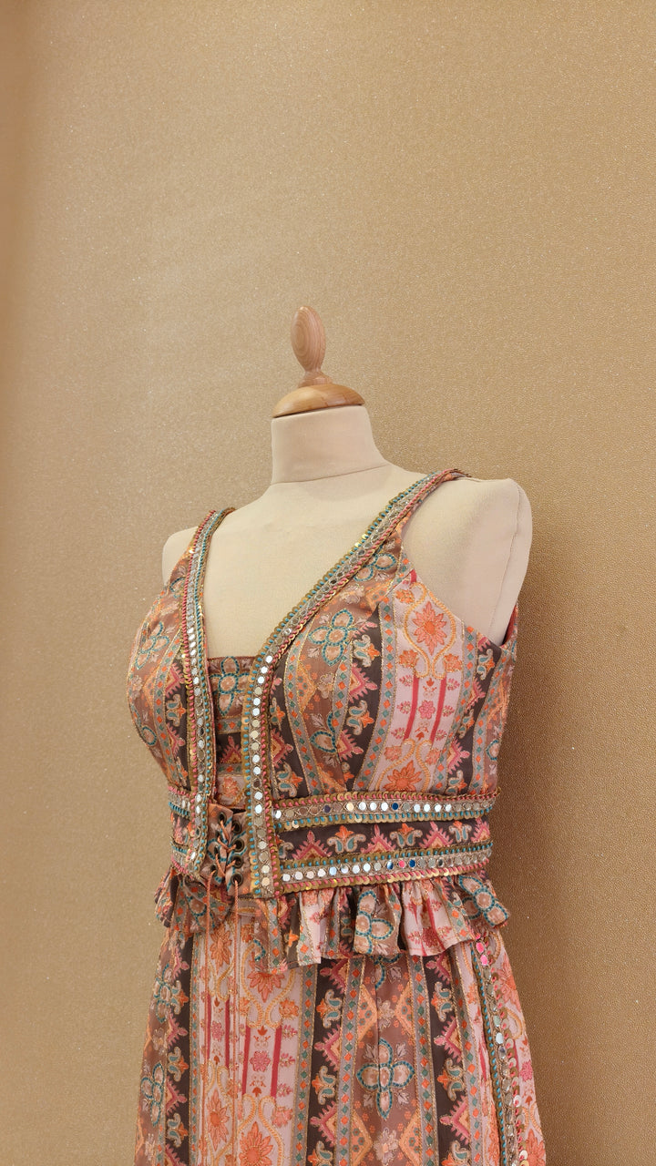 Rust Printed Frill Top with Mirror Work & Straight Pants| Private Collection
