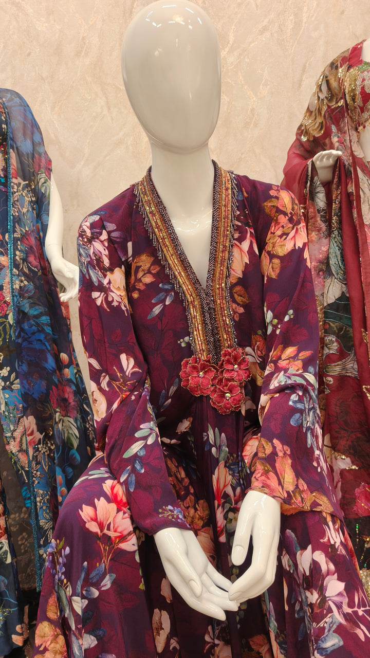 Plum Botanical Printed Kaftan Set|VARUN BAHL