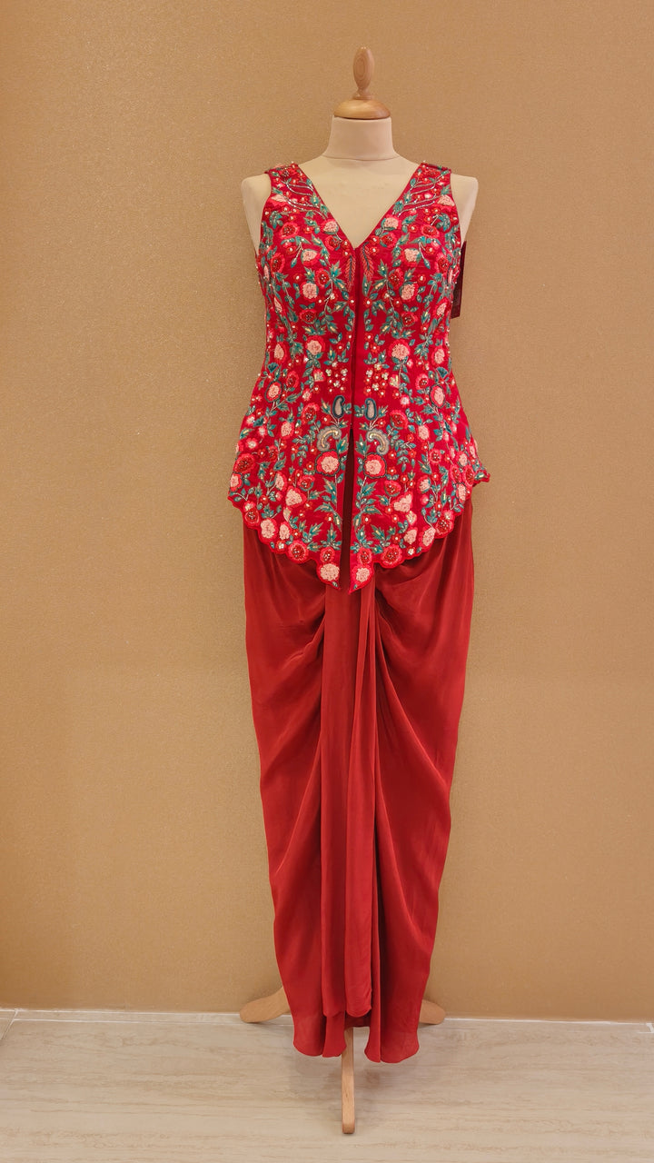 Red Embellished Peplum Top with Drape Skirt| AURAROZE
