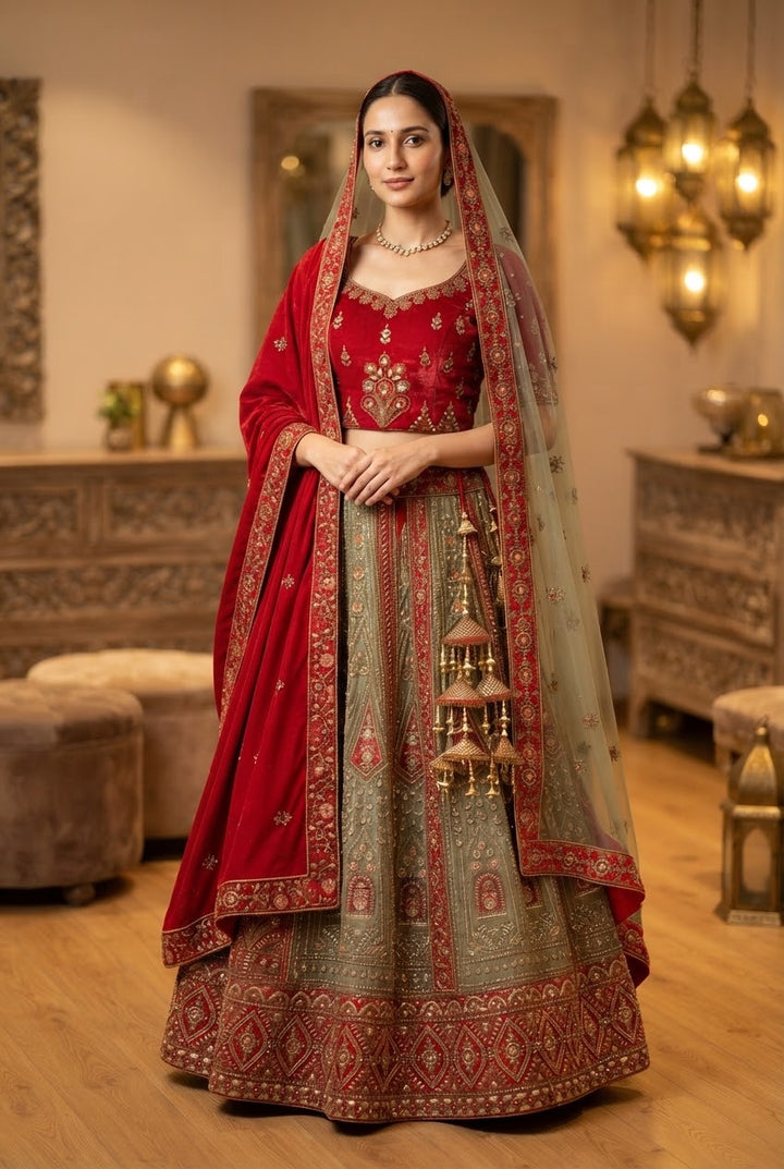 Royal Crimson & Olive Velvet Zardozi Bridal Lehenga Set  Inaayat by Divya Taimni