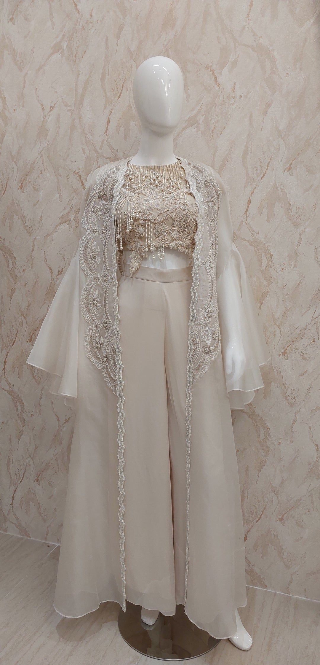 Nude Beige Pearl-Embellished Top & Flared Pants with Cape |VARUN BAHL