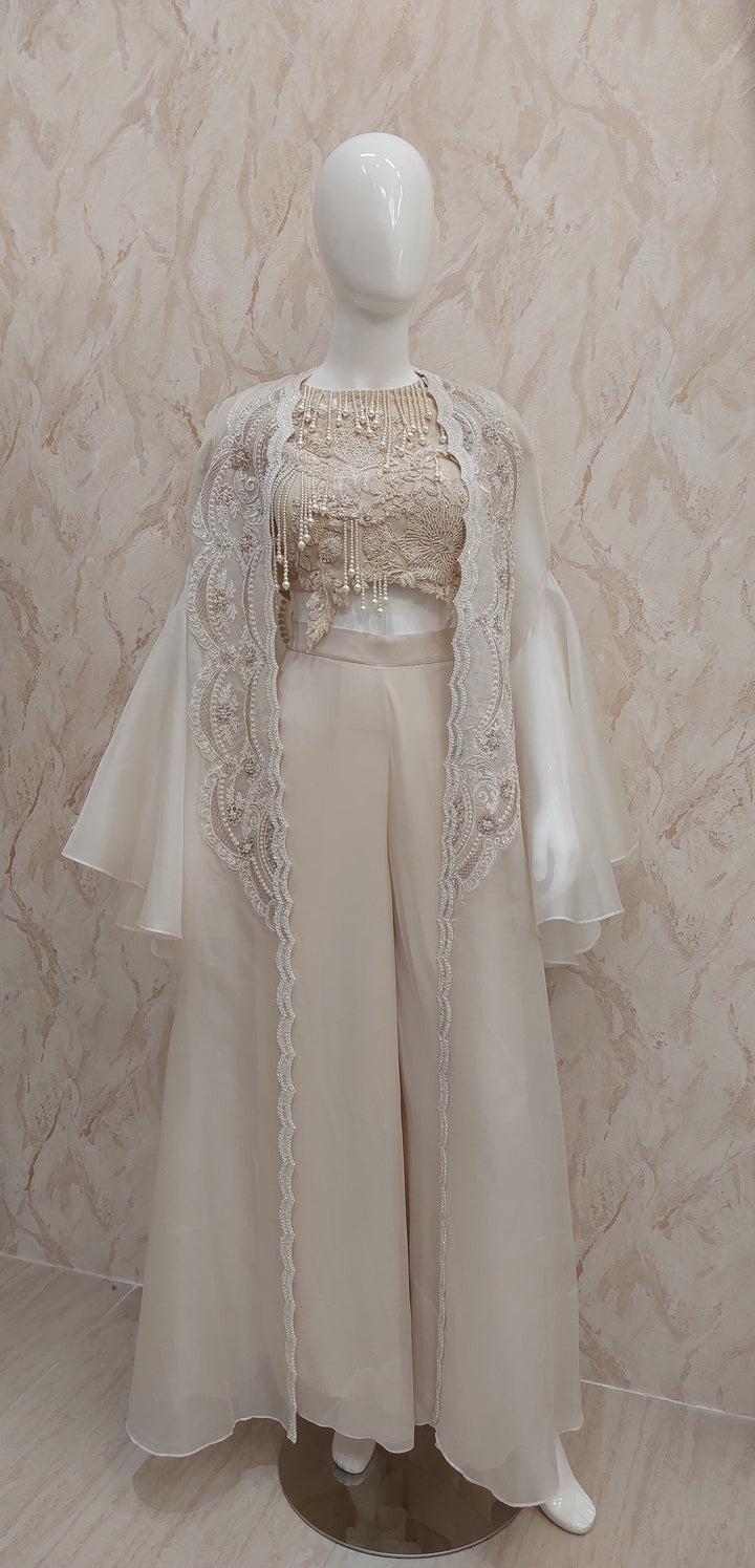 Nude Beige Pearl-Embellished Top & Flared Pants with Cape |VARUN BAHL