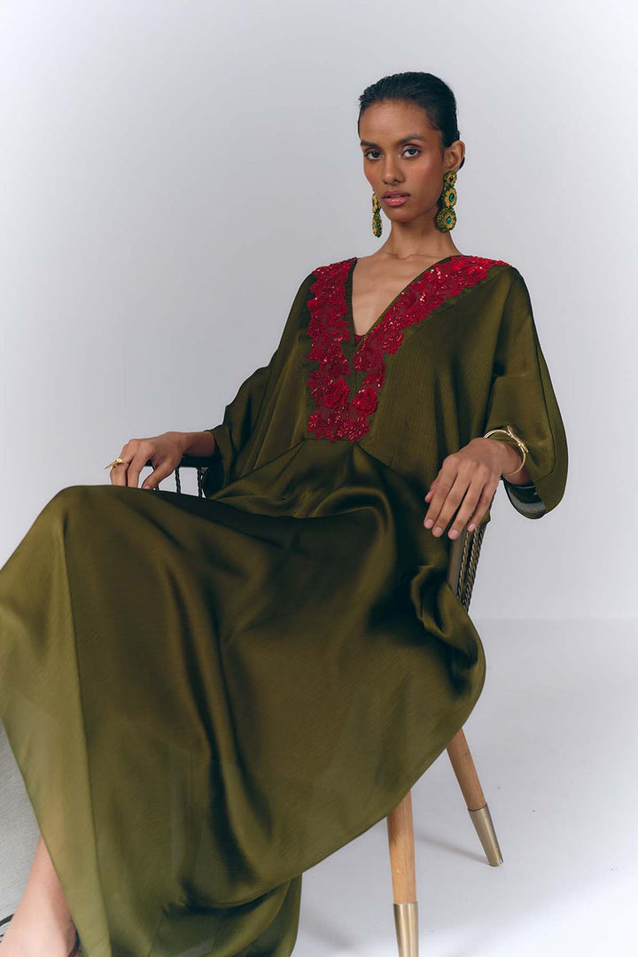 Green Embroidered Draped Kaftan|VARUN BAHL