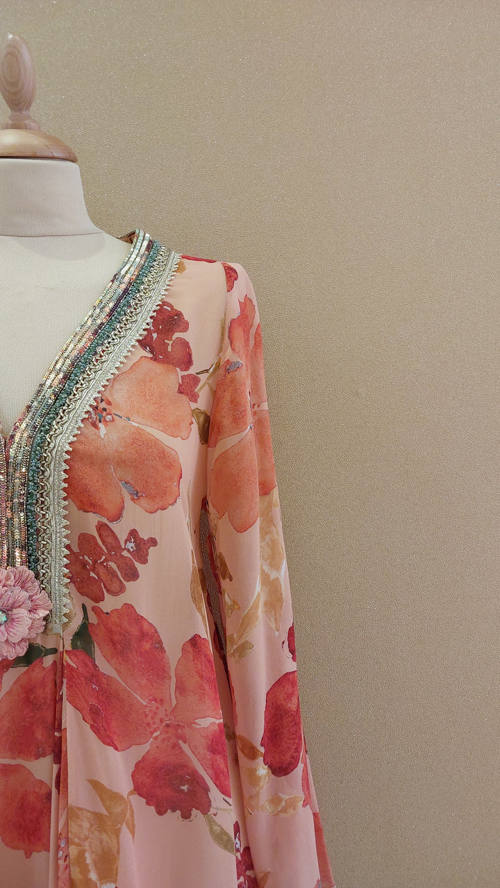 Peach Printed Front-Open Kaftan Set | VARUN BAHL