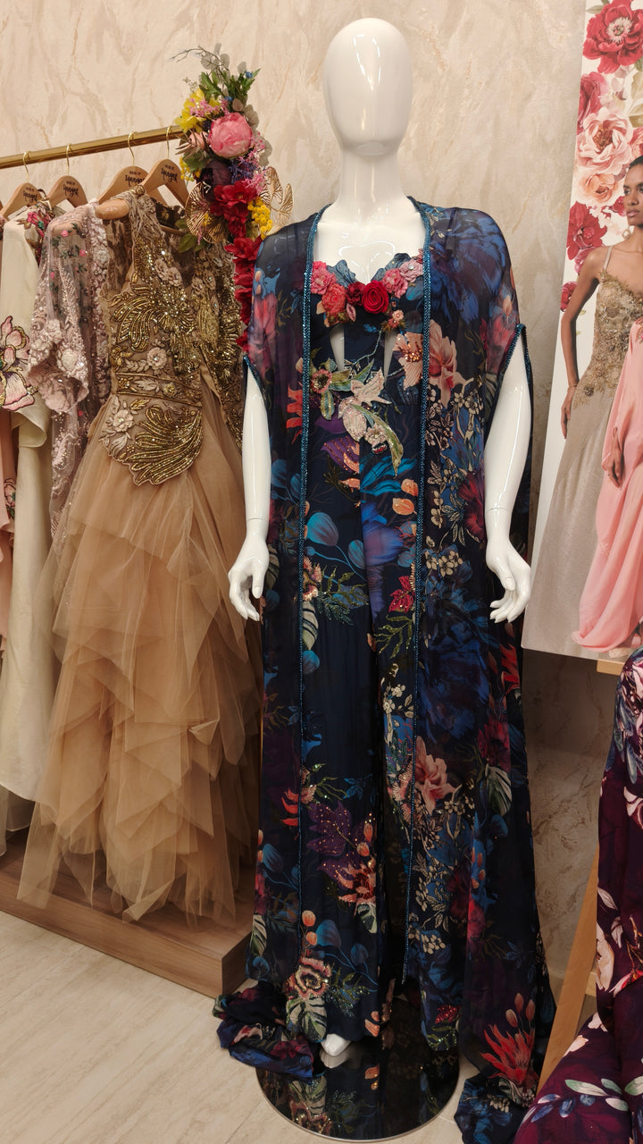 Midnight Botanical Printed Jumpsuit with Sheer Cape |VARUN BAHL