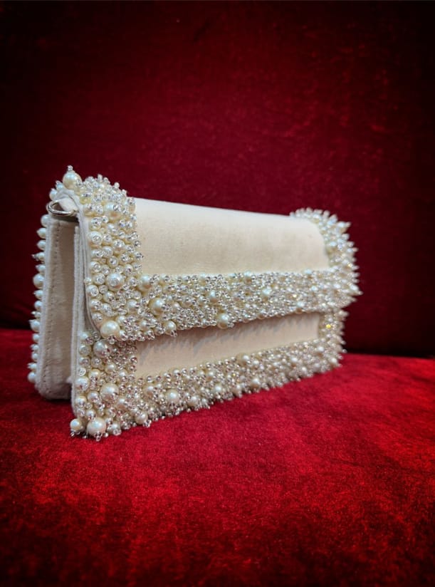 Ivory Pearl-Bordered Evening Flap Bag| Al Falah