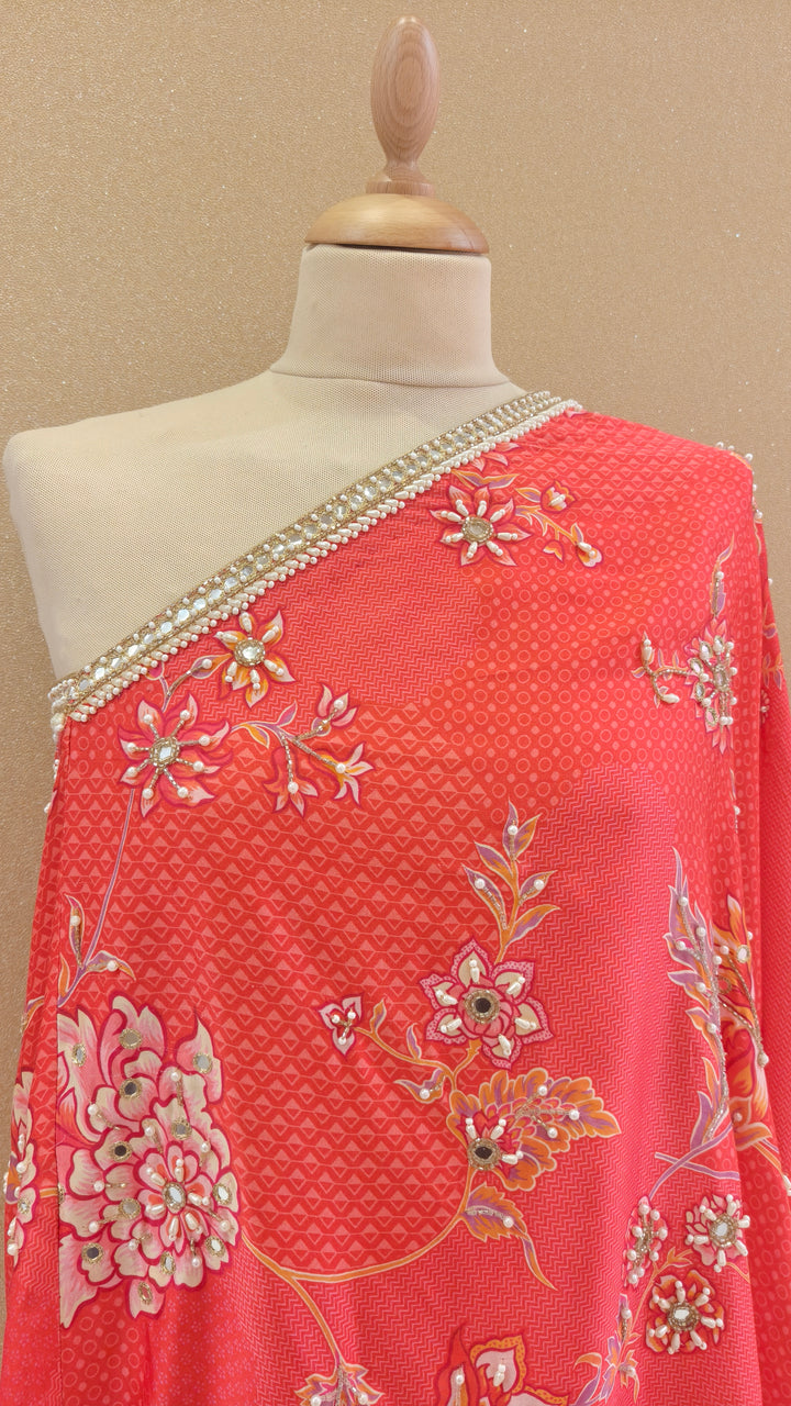 Coral-Pink Embellished Asymmetric Top with Matching Pants | SILK SAGA