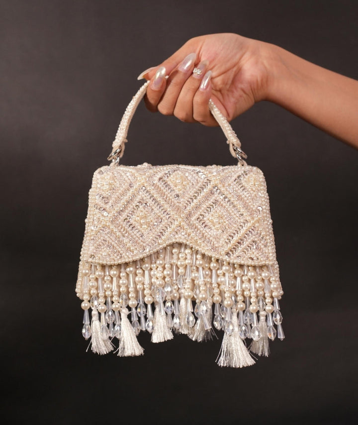 Shimmering Pearl and Crystal Beaded Evening Bag| Al Falah