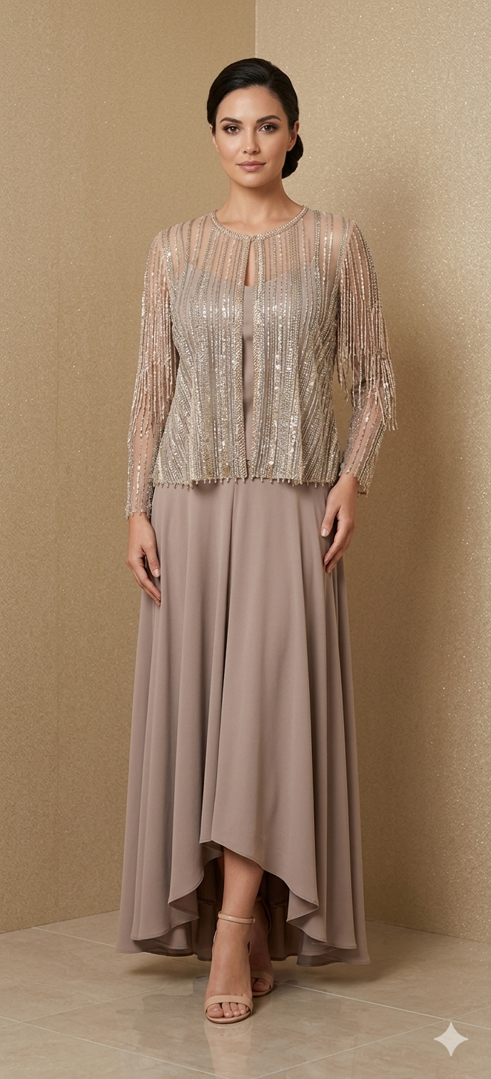 Pewter Tulle Jacket Diamonte Striped Jacket With Tube & Cream Drop Crotch Pants| Private Collections