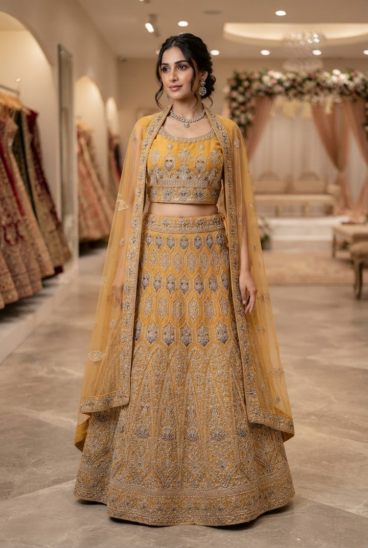Shagun Earthy Mustard Lehenga with Geometric Embroidery (Unstitched) | Inaayat by Divya Taimni