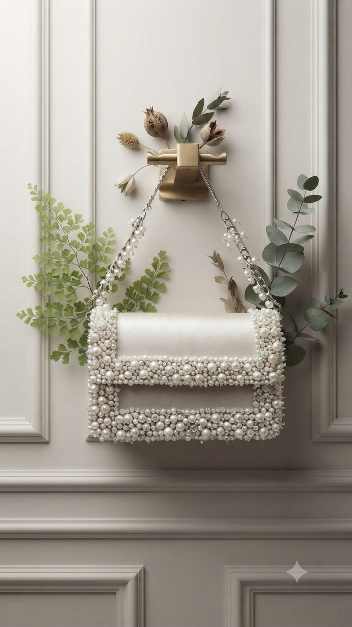 Ivory Pearl-Bordered Evening Flap Bag| Al Falah