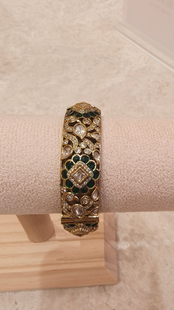 Royal Polki & Emerald Hinged Bangle|Vivinia by Vidhi Mehra