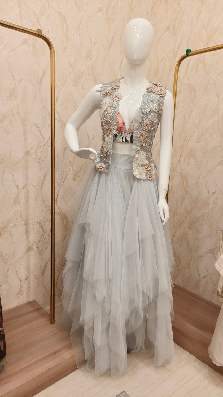 Ethereal Powder Blue Layered Skirt Set with Embellished Jacket |VARUN BAHL