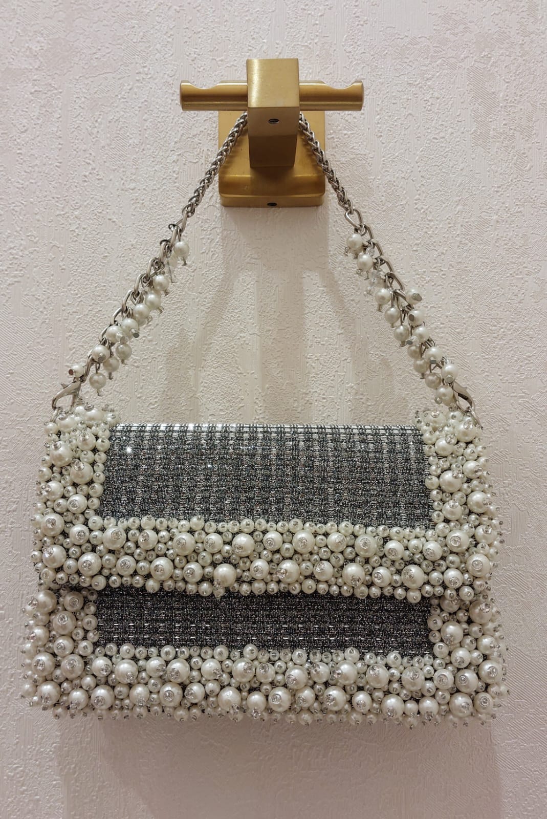 Shimmering Tweed & Pearl Embellished Evening Bag| Al Falah