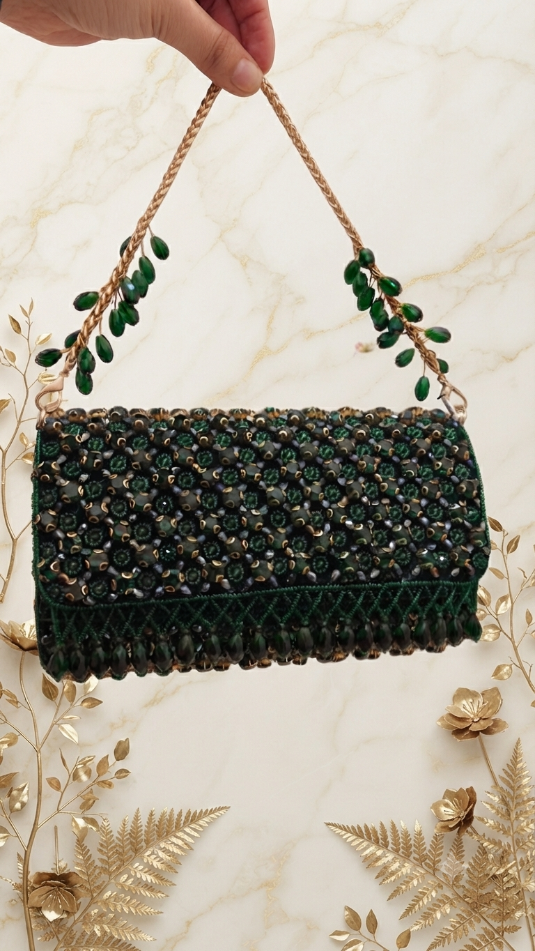 Emerald Green Beaded Clutch |Al Falah