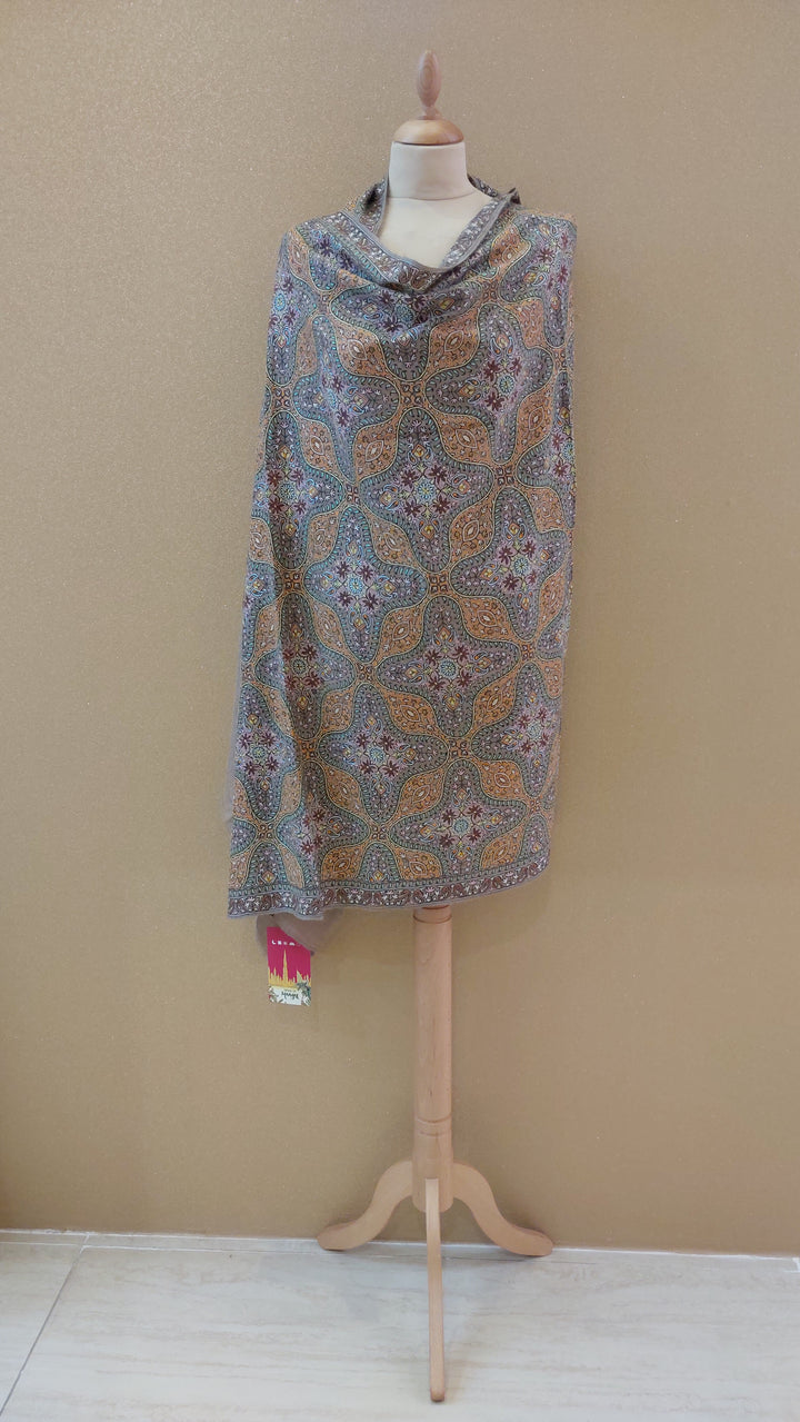 Hand-Embroidered Kashmiri Sozni Jamawar Shawl in Antique Gold & Earthy Tones|AAMIR