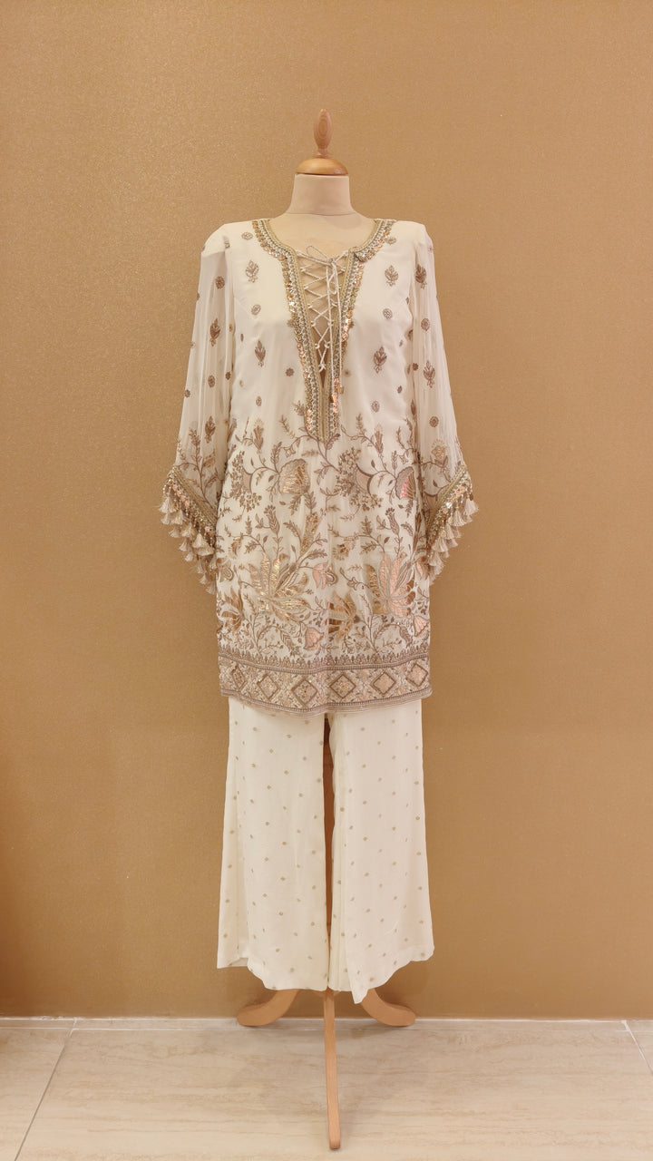 Cream Gota Kurta with Cream Dotted Bootleg Pants| Private Collection