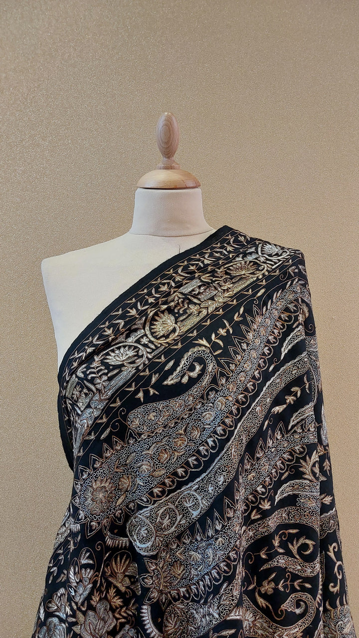 Midnight Black Fine Tilla Embroidered Kashmiri Luxury Shawl |AAMIR