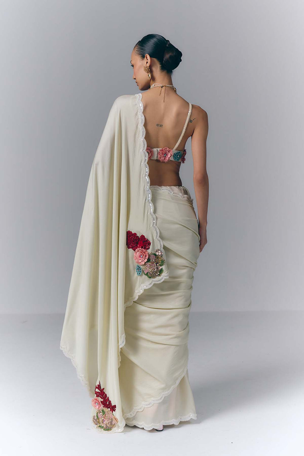 Ivory Blossom Drape Saree Set|VARUN BAHL