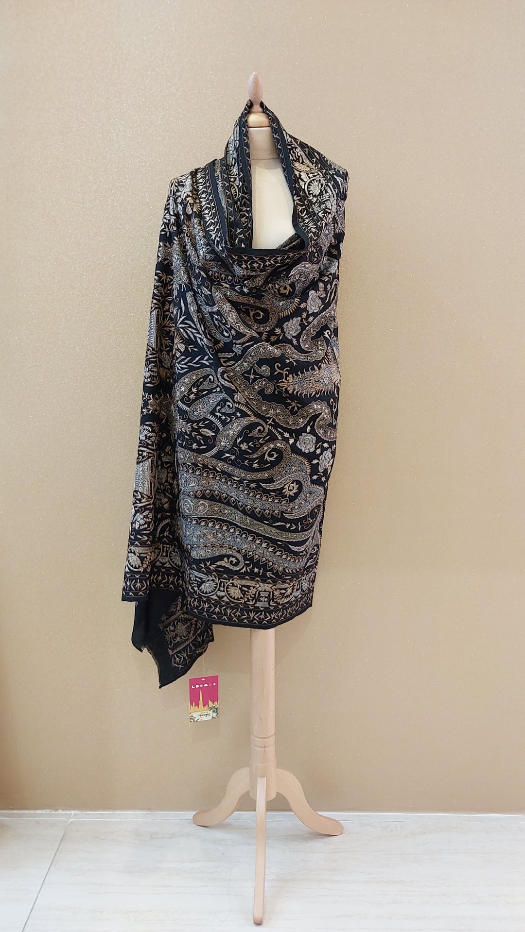 Midnight Black Fine Tilla Embroidered Kashmiri Luxury Shawl |AAMIR