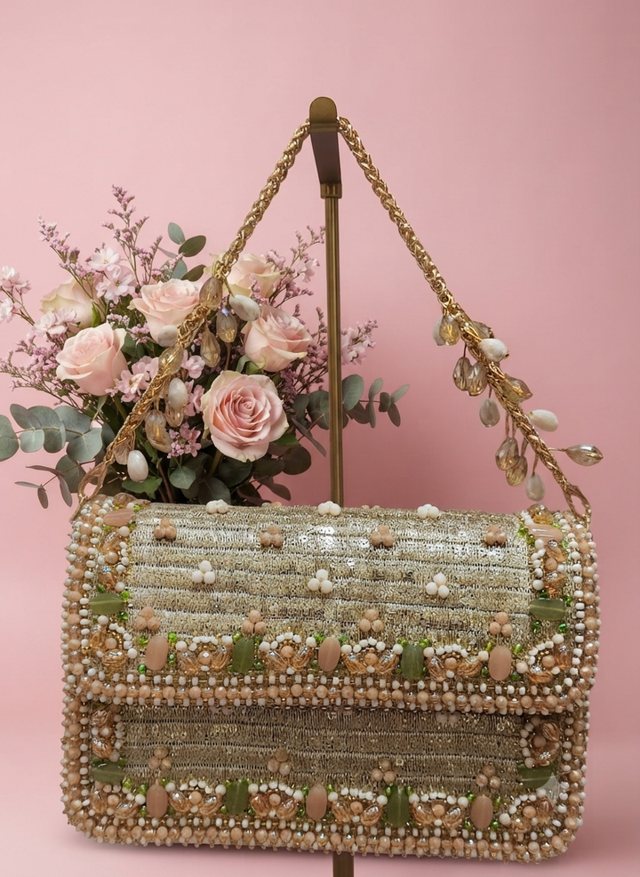 Shimmering Metallic and Gemstone Embellished Flap Bag| Al Falah