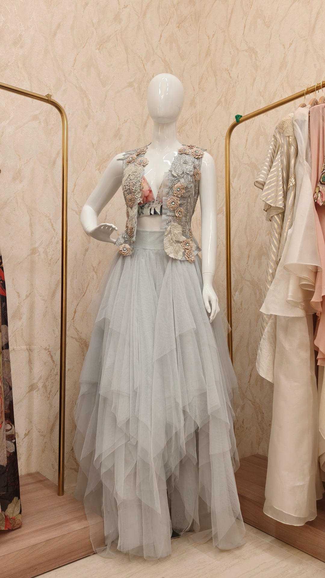 Ethereal Powder Blue Layered Skirt Set with Embellished Jacket |VARUN BAHL