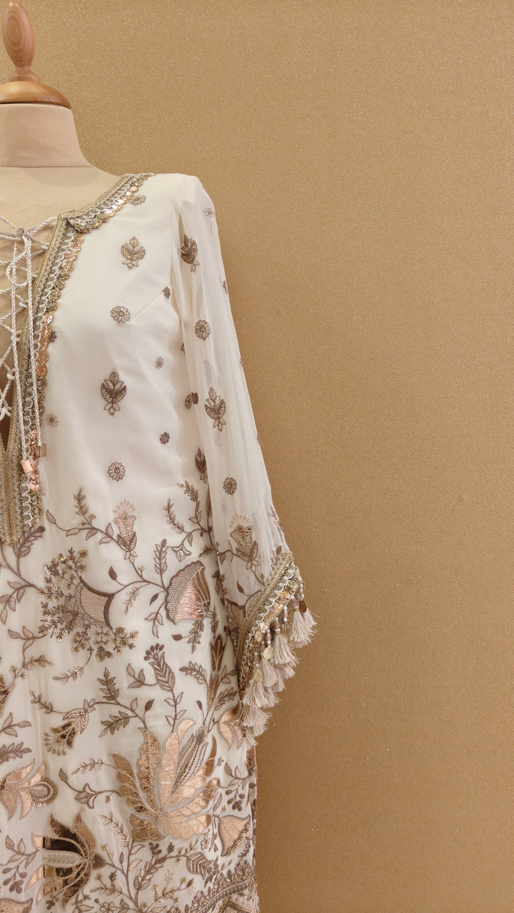 Cream Gota Kurta with Cream Dotted Bootleg Pants| Private Collection