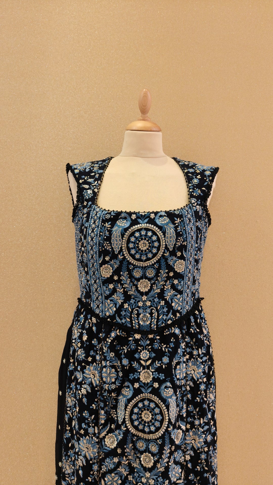 Blue & Beige thread embroidered corsetted kurta with georgette drape & slim slit pants| Private Collection