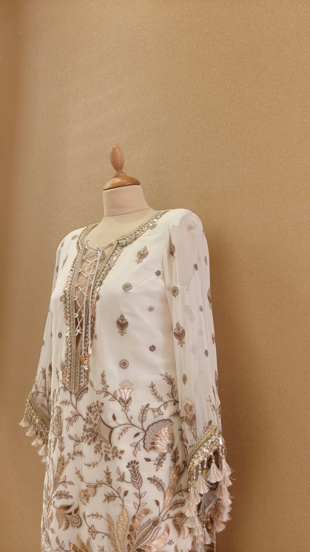 Cream Gota Kurta with Cream Dotted Bootleg Pants| Private Collection