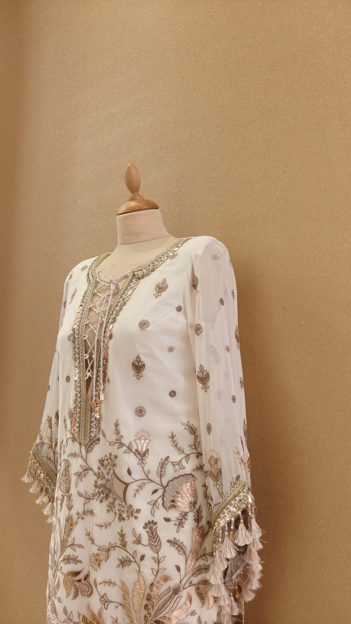 Cream Gota Kurta with Cream Dotted Bootleg Pants| Private Collection