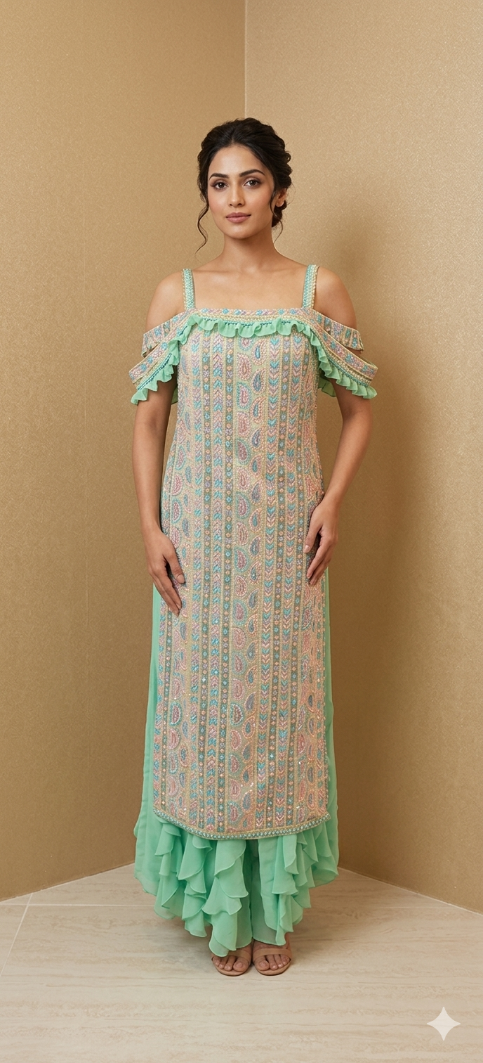 Lime Green and Multi Off-The-Shoulder Kurta with Ruffle Pants| Private Collections