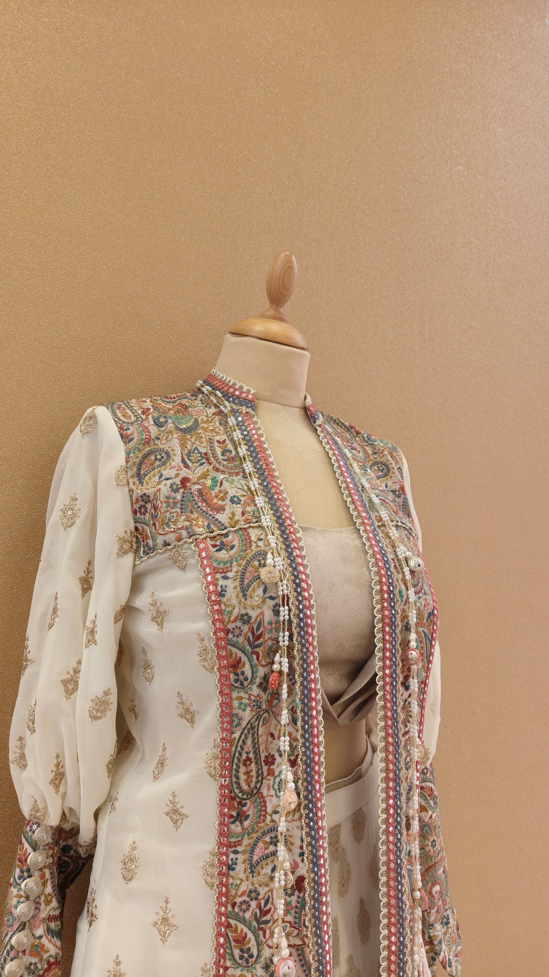 Pastel Threadwork Long Panelled Jacket with Inner Top & Sharara | Private Collection