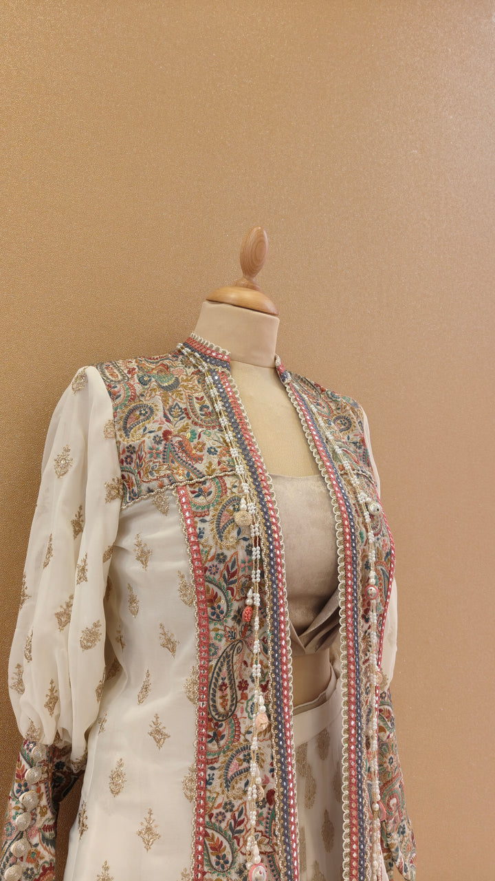 Pastel Threadwork Long Panelled Jacket with Inner Top & Sharara | Private Collection