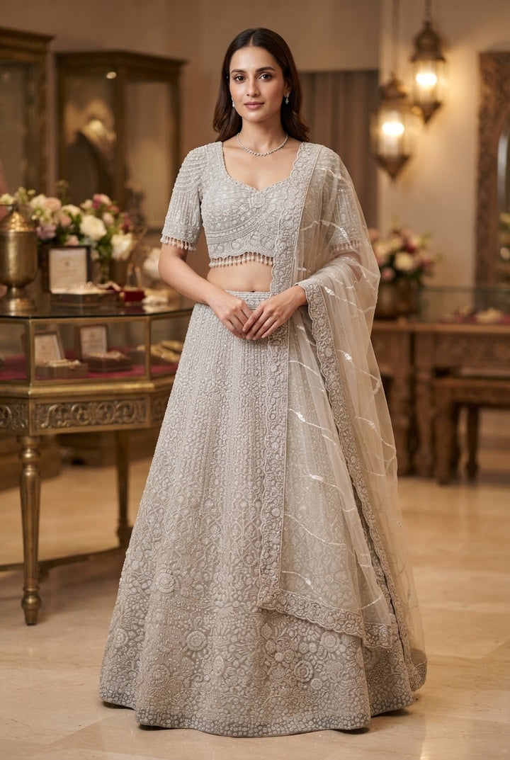 Shagun Ornately Beaded White Lehenga Set with 3D Pearl Flowers | Inaayat by Divya Taimni