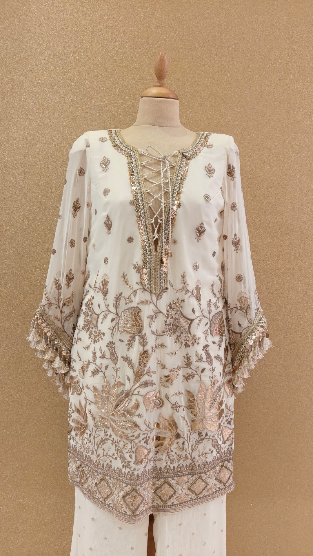 Cream Gota Kurta with Cream Dotted Bootleg Pants| Private Collection