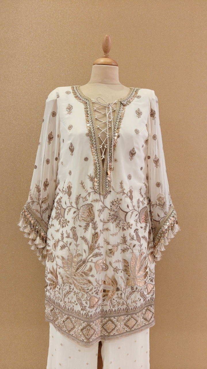Cream Gota Kurta with Cream Dotted Bootleg Pants| Private Collection