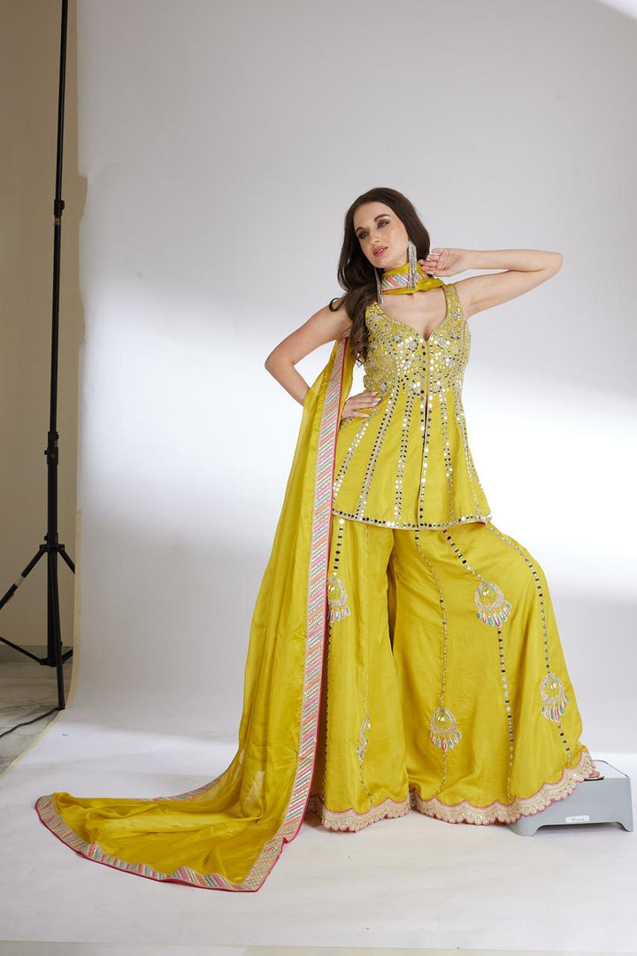 Yellow Embellished Peplum Top and Flowy Pant Set| AURAROZE