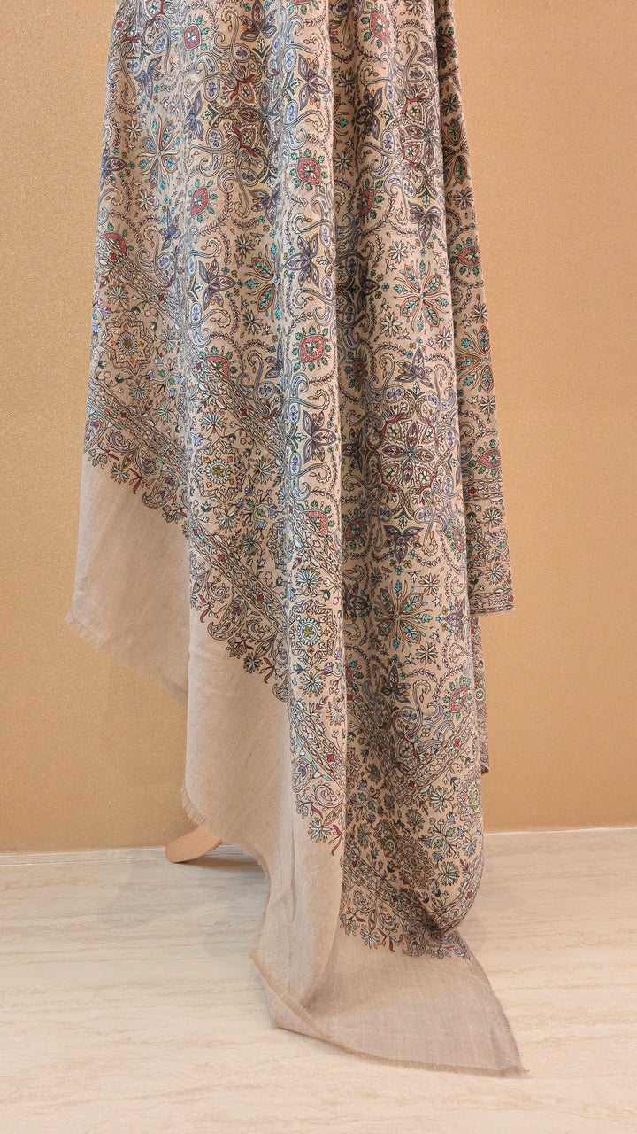 Beige Hand-Embroidered Kashmiri Soojni Shawl|House Of Inaayat