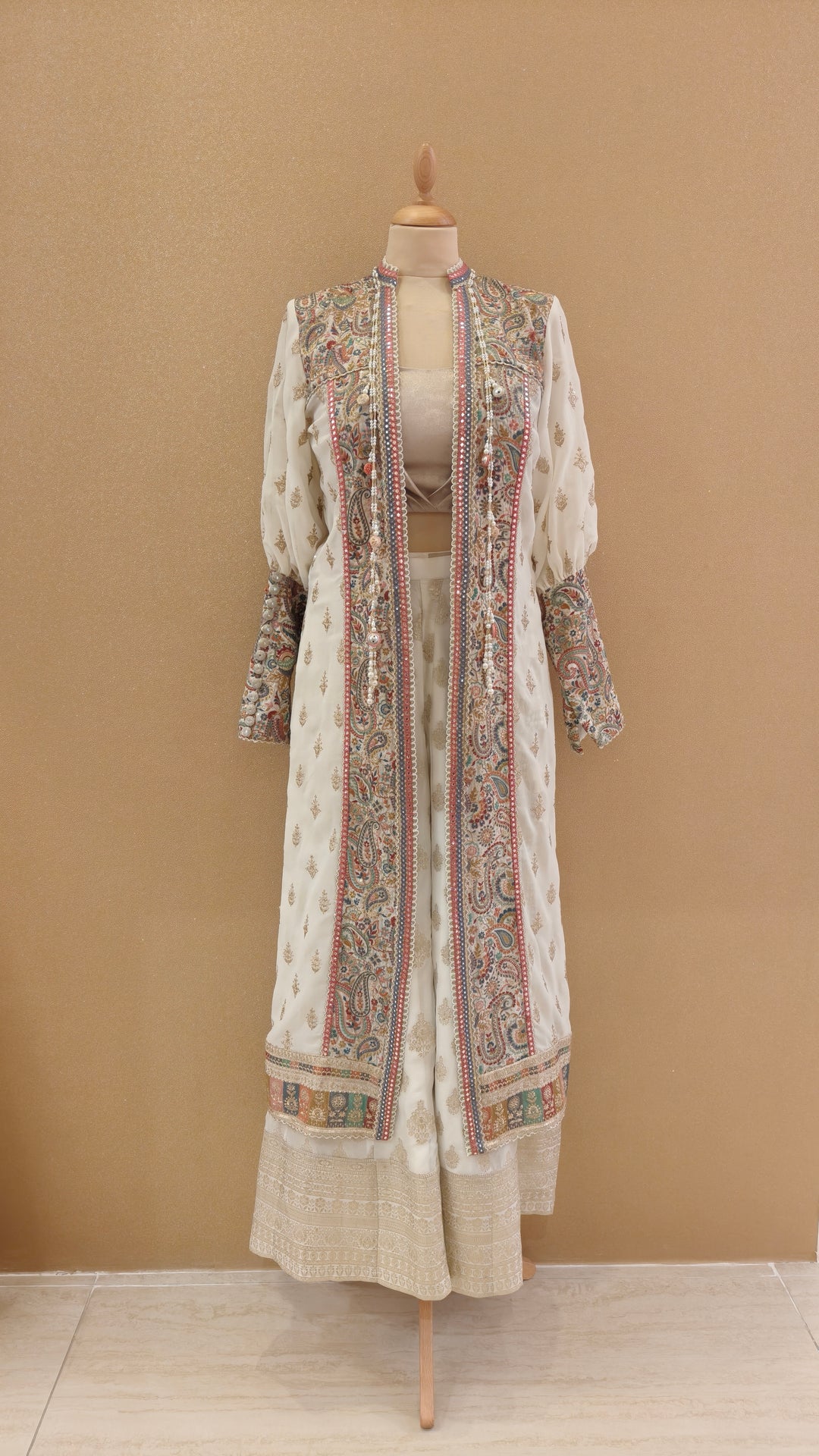 Pastel Threadwork Long Panelled Jacket with Inner Top & Sharara | Private Collection