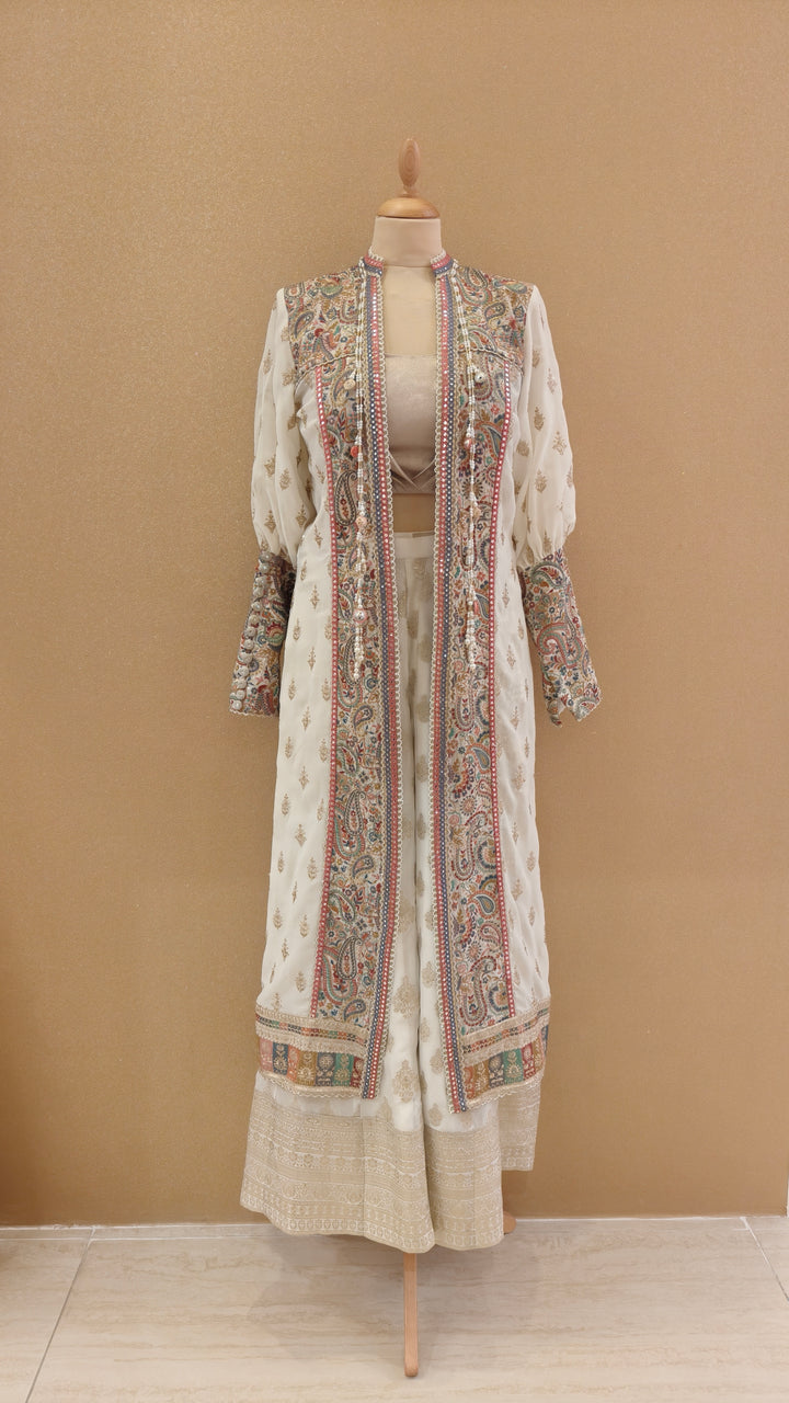 Pastel Threadwork Long Panelled Jacket with Inner Top & Sharara | Private Collection