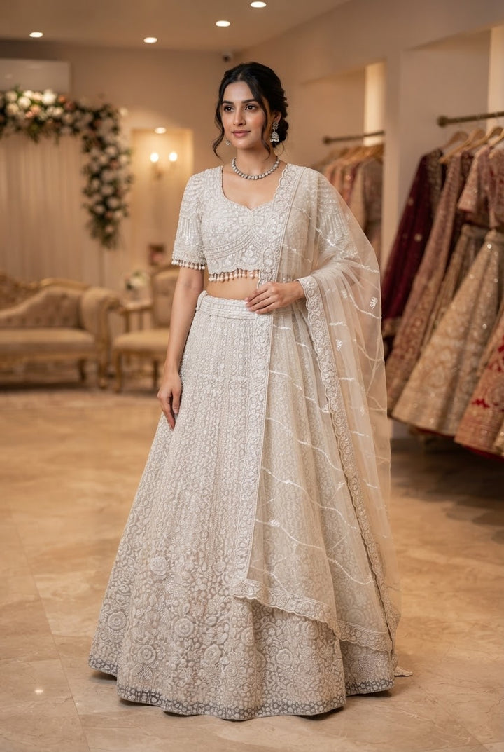 Shagun Ornately Beaded White Lehenga Set with 3D Pearl Flowers | Inaayat by Divya Taimni