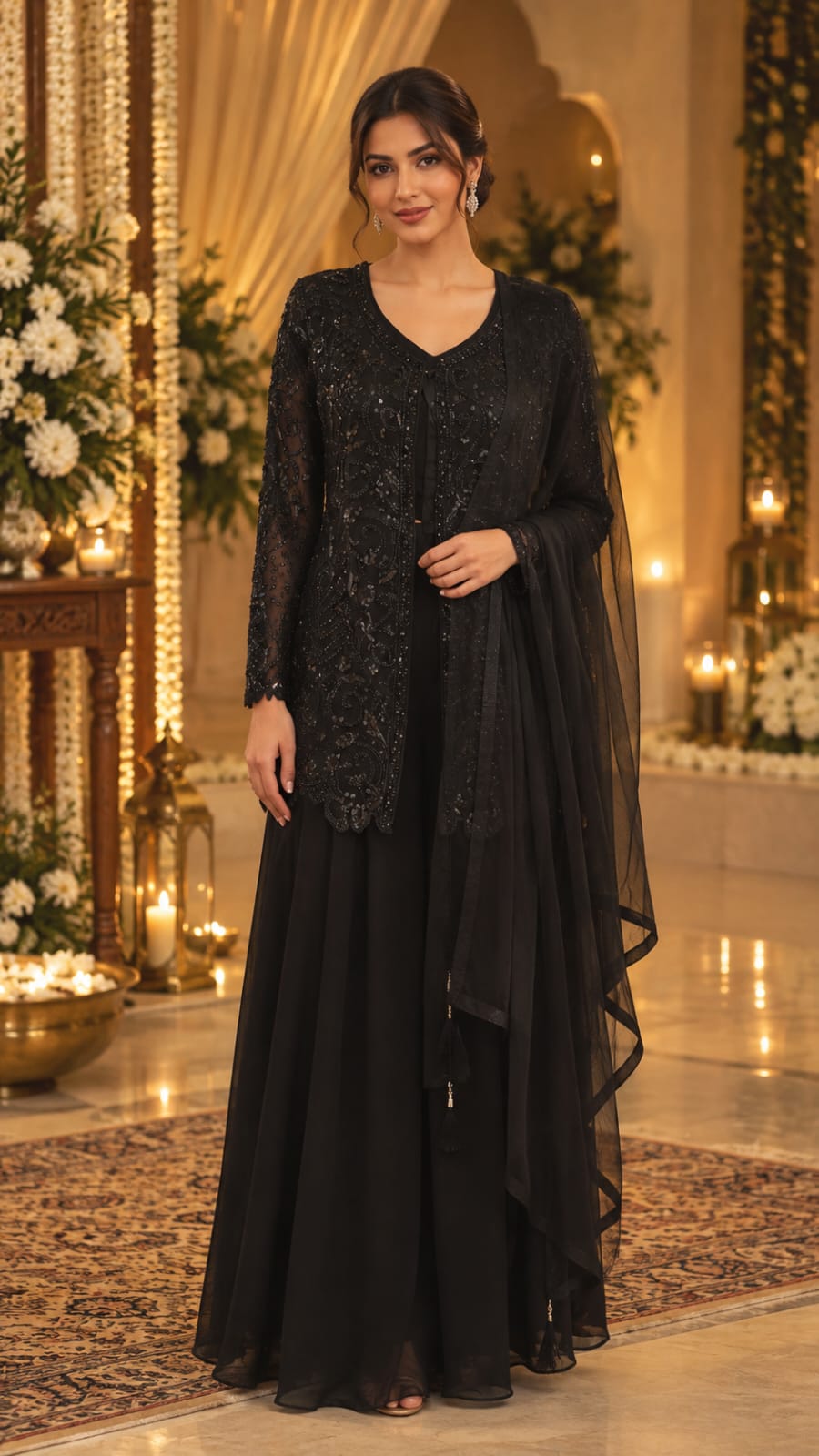 Deep Teal Embellished Jacket Sharara Set with Dupatta | Maya Chabra