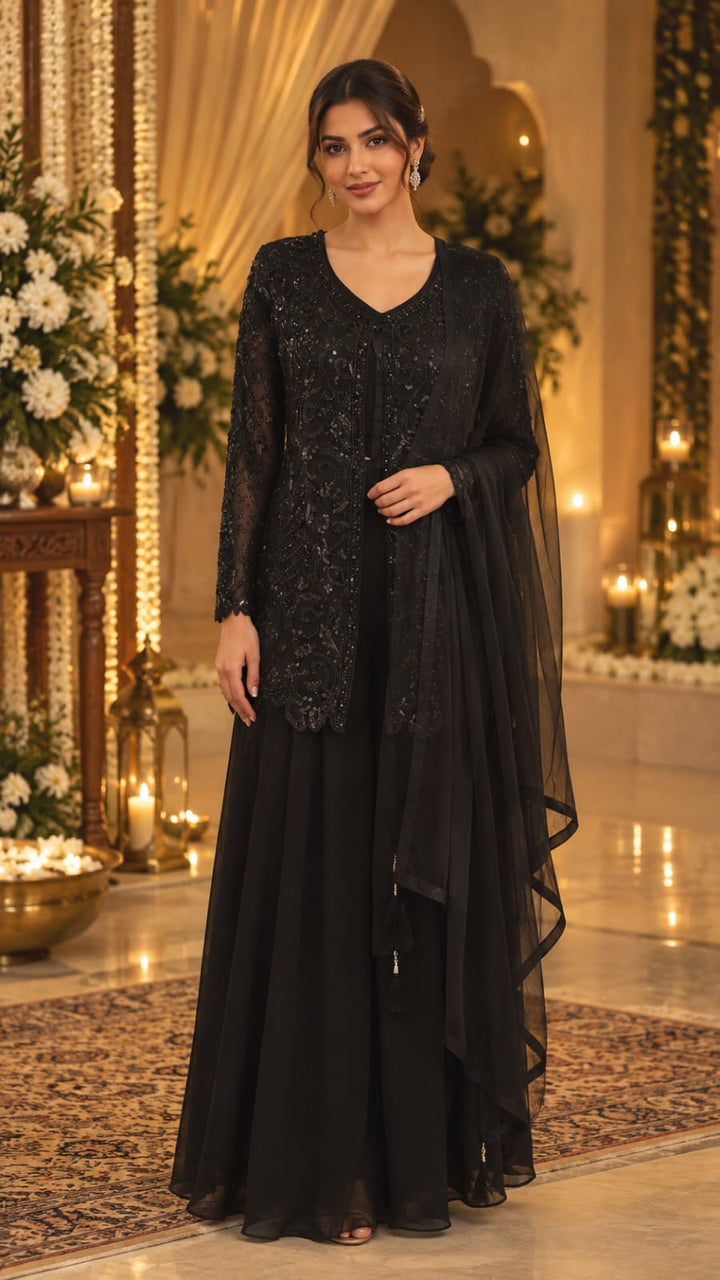 Deep Teal Embellished Jacket Sharara Set with Dupatta | Maya Chabra