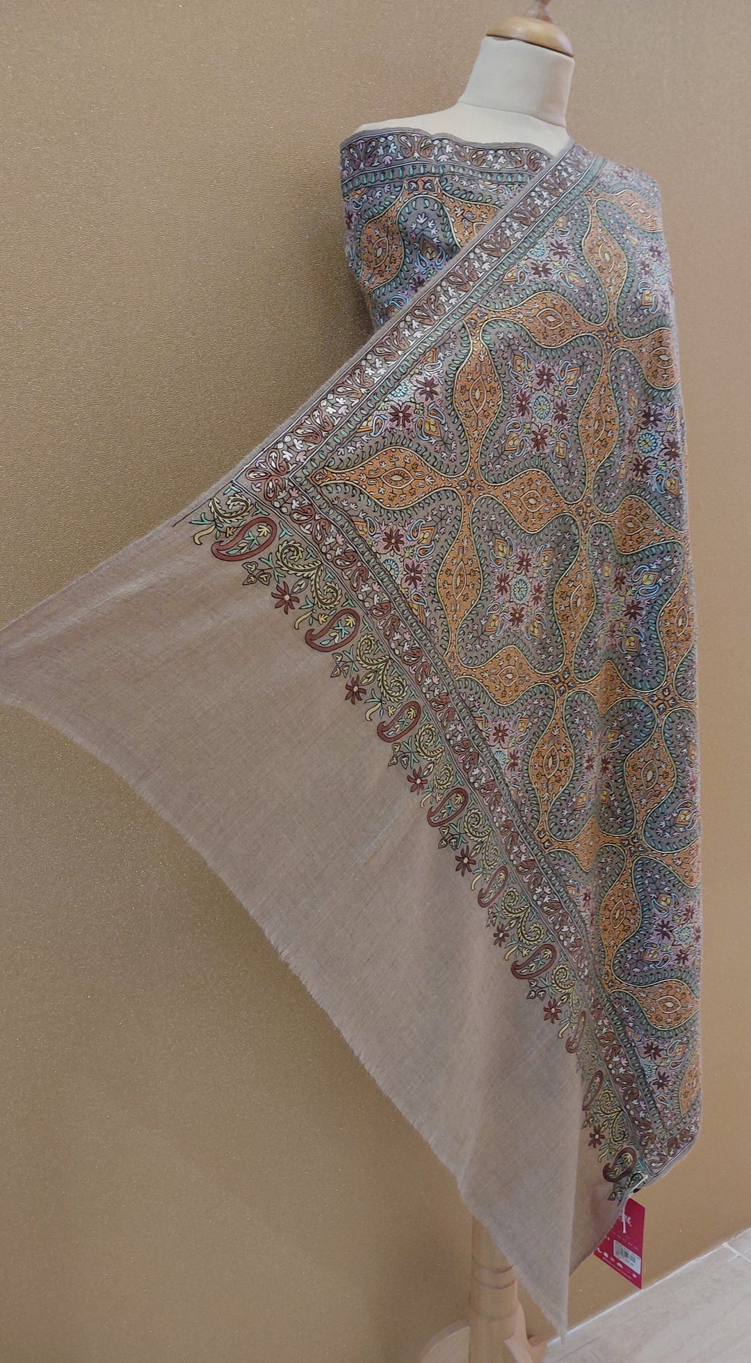 Hand-Embroidered Kashmiri Sozni Jamawar Shawl in Antique Gold & Earthy Tones|AAMIR