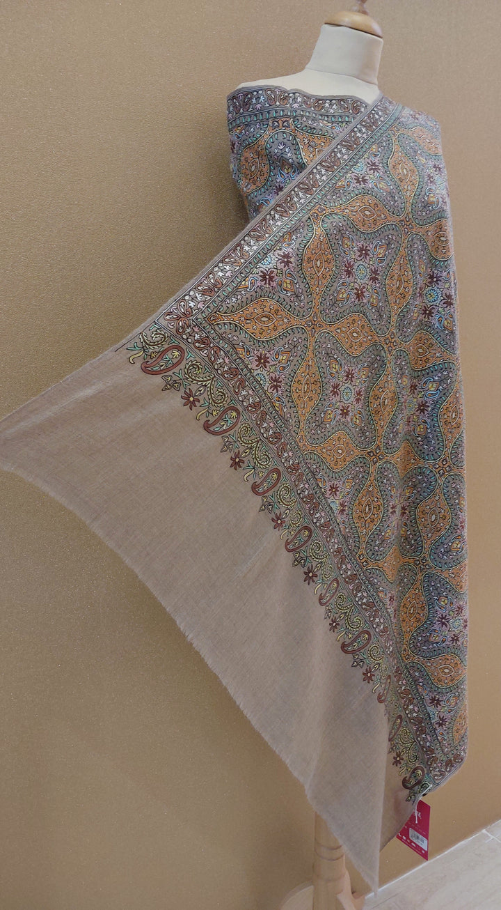 Hand-Embroidered Kashmiri Sozni Jamawar Shawl in Antique Gold & Earthy Tones|AAMIR