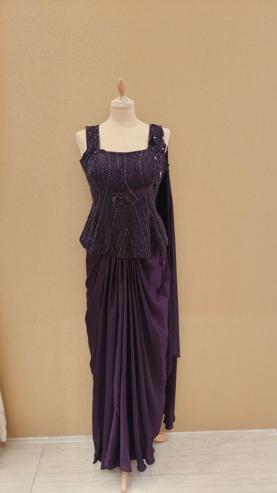 Deep Plum Peplum Blouse and Draped Saree Set | Maya Chabra