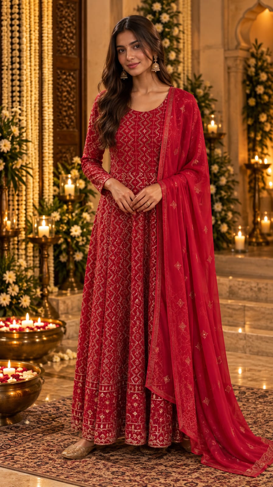 Radiant Crimson Tradition: Embroidered Anarkali Suit Set|Maya Chabra